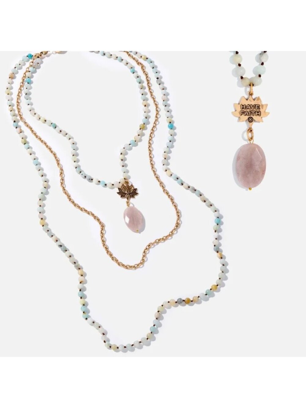 Katia Designs "Have Faith" Lotus Amazonite Long Chain Fusion Necklace - Picture 4 of 6
